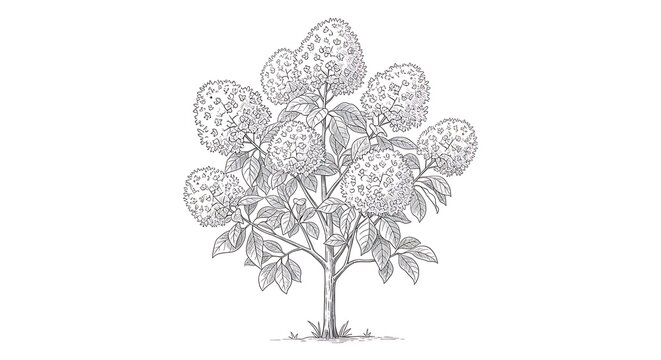 Detailed vector illustration of a hydrangea tree with large round flower clusters and leaves