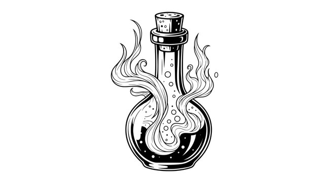 Black and white potion bottle with flowing liquid and flames