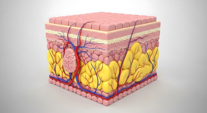 Anatomical skin layers, human dermis, 3D medical illustration, skin structure