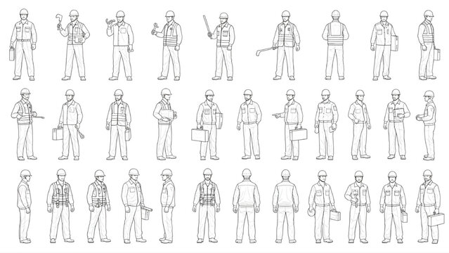Construction Worker Human Scale Figures 20-Element Set &ndash; Helmet and Tool Poses AutoCAD Architectural CAD Blueprint Multi-Elevations