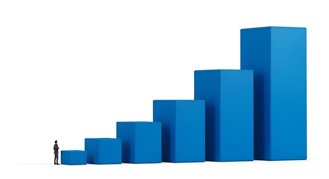 Blue 3 d bar graph with small businessman
