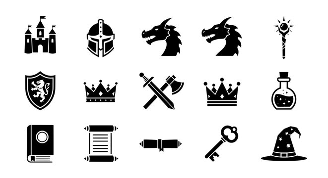 Medieval fantasy s in black and white grid layout