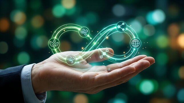 Open hand holding glowing green infinity mark representing circular economy and sustainable life cycle process