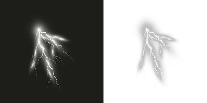 Realistic lightning bolt electric strike with glowing effect isolated on transparent background