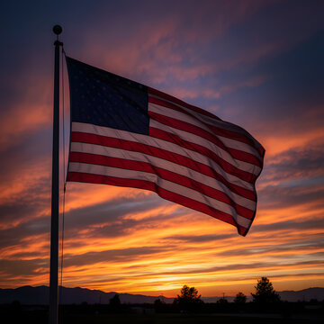 American flag waving with sunset sky