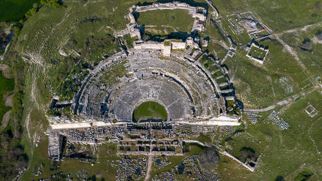 Aerial View of the Grand Theater of Miletus Ancient City with Green Alluvial Plains in Aydin Turkey