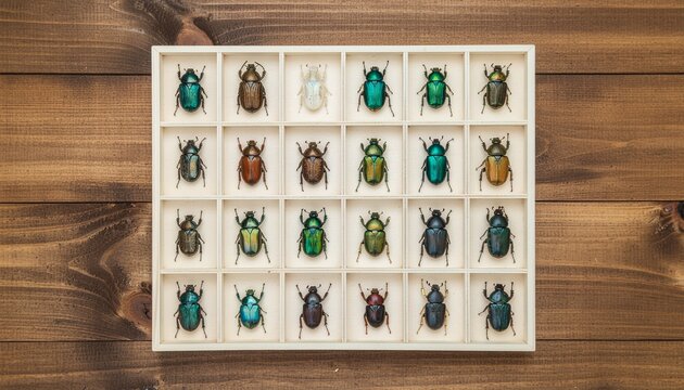 Colorful and Metallic Beetle Specimen Collection (Scarabs, June Bugs) in a Wooden Grid Box, Precise 4x6 Arrangement, Wooden Table, Top-Down View, High-Quality Insect Art