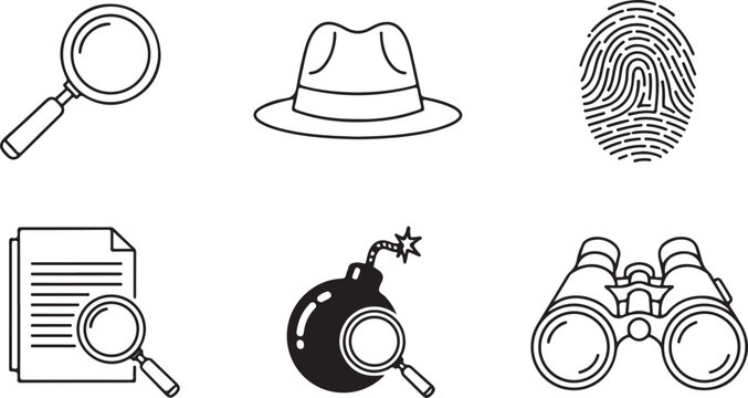 Detective icons, investigation symbols, spy graphics, crime scene, 6 black and white vector illustrations