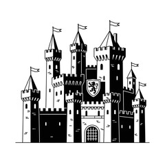 Obraz premium Black and White Medieval Castle Illustration with Heraldic Shield