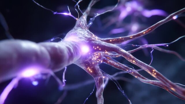 Close-up Visualization of a Neuron with Glowing Connections, Illustrating Neural Activity in a High-Detail, Vibrant, and Scientific Artistic Presentation