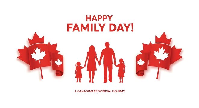 Family Day Celebration in Canada: A cheerful depiction of a family of four, framed by vibrant Canadian flags, heralds the joy of Family Day in a provincial Canadian celebration. 