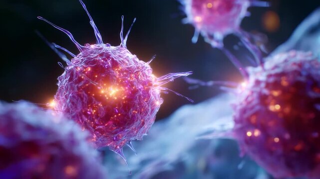 Stunning Visuals of Microscopic Cells with Beautiful Pink Structures Showcasing Their Intricate Details and Unique Shapes in an Abstract Background
