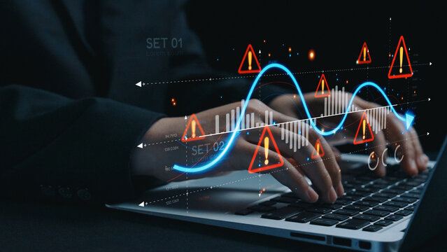 Economic caution visual showing risk alerts and financial volatility. Warning signs highlight economic downturn, market risk, finance crisis, and uncertainty in data-driven analysis. Elide