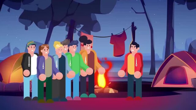 Group camping in forest at night around campfire adventure travel lifestyle