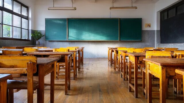 A traditional classroom setup with wooden desks and chalkboards, captured in serene lighting, showcasing the empty learning environment and educational potential.