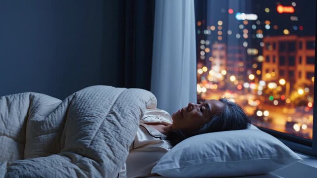 A woman sleeps peacefully in bed at night, with a city skyline visible through the window.