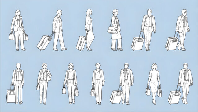 Airport Passenger Human Scale Figures 10 Set &ndash; Travelers with Luggage AutoCAD 2D Blueprint Multi-View Elevations