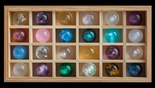 Ethereal Glass Sphere Collection in a Wooden Grid Box, Galaxy and Cosmic Patterns in 4x6 Arrangement, Top-Down View, Abstract Background Material