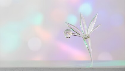 Fototapeta premium Ethereal Transparent Botanical Sculpture with a Pristine Water Droplet, Set Against a Softly Blurred Background of Luminous Bokeh Lights, Evoking Serenity and Delicacy