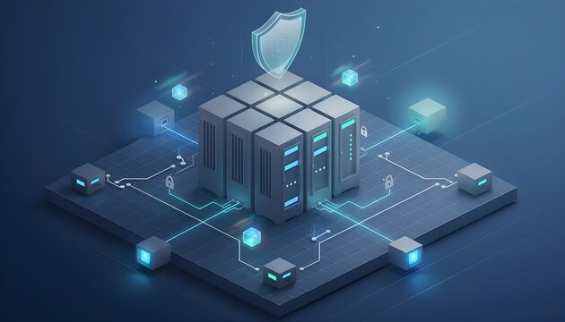 Modern isometric 3D illustration of a secure data server network representing cloud computing and artificial intelligence