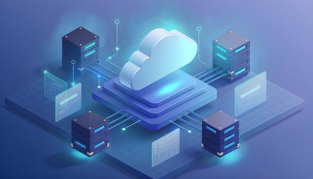 Modern cloud computing network illustration with interconnected servers and data streams
