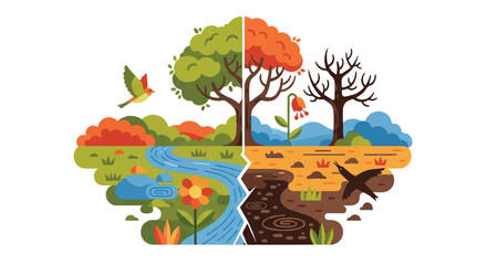 Obraz premium Illustrated depiction of changing seasons with trees river and bird in nature scene