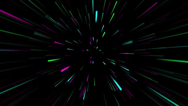 Abstract vibrant colorful light streaks zooming into the darkness creating a cosmic or space-time warp effect, perfect for sci-fi and motion graphics