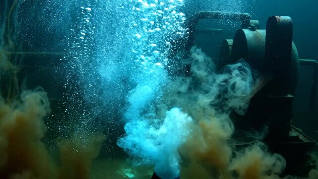 Dynamic Underwater Chemical Reaction with Blue Bubbles and Brown Ink Swirling Around Industrial Pipes for Environmental Documentaries.