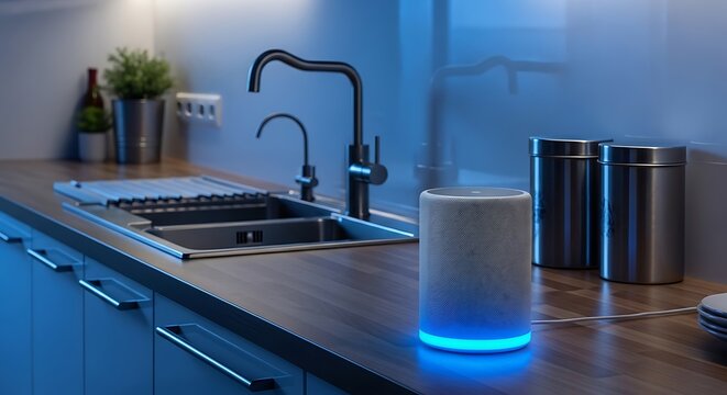 Smart Speaker on Kitchen Counter with Blue Lighting