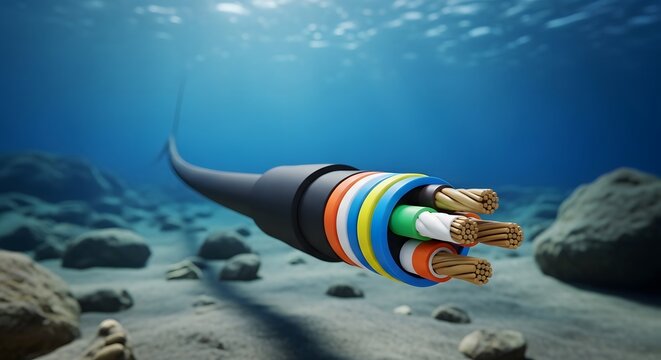 Underwater fiber optic cable on ocean floor.