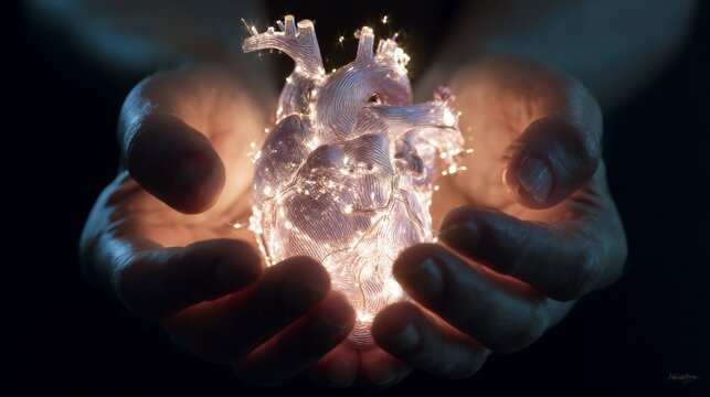 Hands creating a heart shape with sparkles, illustrating the power of healing and magic.