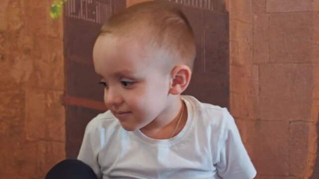 Child pets cat. Curious boy interacting with house cat. Young boy carefully carresses tortoiseshell kitten near home wall. Child reaches out to pet cuddleloving cat inside cozy household setting