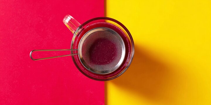 A tea cup and strainer set on a colorful table.