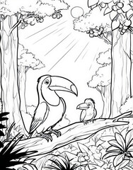 Fototapeta premium Adorable Toucan and Chick Perched on a Jungle Branch Coloring Page, Detailed Tropical Rainforest Scene with Exotic Trees and Sun Rays for Children Activity Books and Creative Nature Education Art