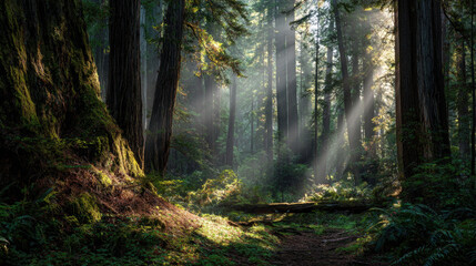 Obraz premium Majestic forest landscape with bright sunbeams filtering through tall trees and lush green mossy ground