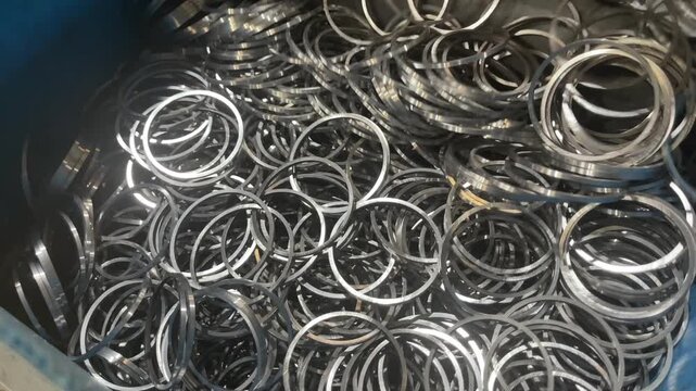 Steel rings falling into a box during a vibrating process, manufacturing of steel rings, close up of a blue industrial container filled with many shiny circular metal rings or gaskets in a