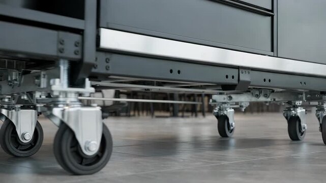Reconfigurable straight run buffet unit captured midsetup sharply focused on caster wheels and modular joints background softly blurred to emphasize adaptability.