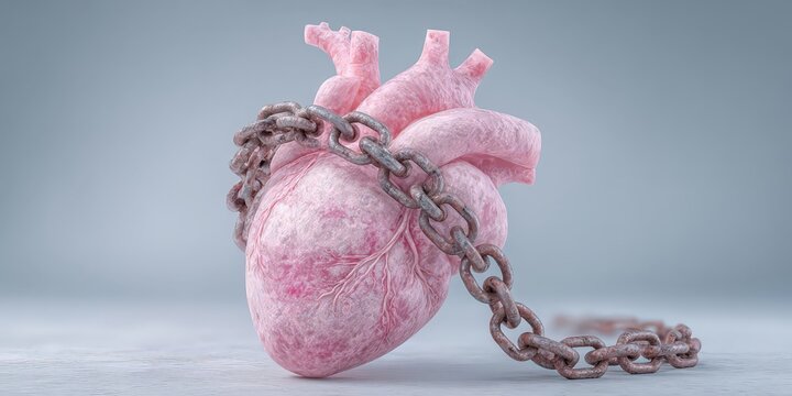 A realistic human heart wrapped and constrained by a heavy metal chain on a gray surface.
