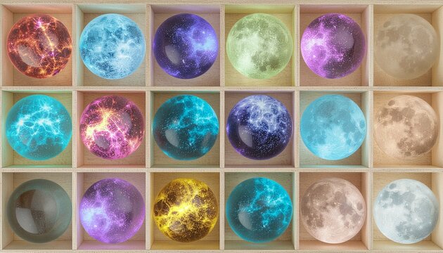 Collection of 18 Ethereal Planetary and Celestial Spheres in a Wooden Grid Tray, Organized 3x6 Arrangement, Bright Wood Background, Diversity and Cosmic Mystery, Top-Down View