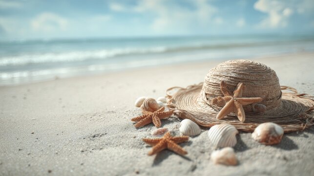 Beautiful beach scene with a hat and shells.