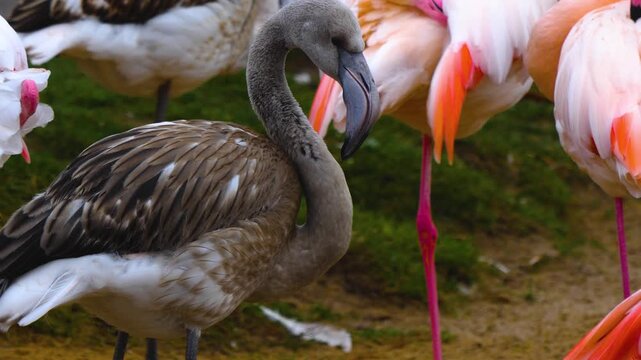 Close up of a young gray flaming chick standing between adult birds on a meadow oa cloudy day baise other birds