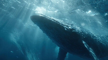 Naklejka premium Cinematic view of a majestic humpback whale swimming through sunbeams in the deep blue ocean