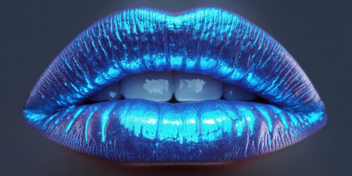 Close-up of lips painted with shiny, metallic blue lipstick against a dark background.