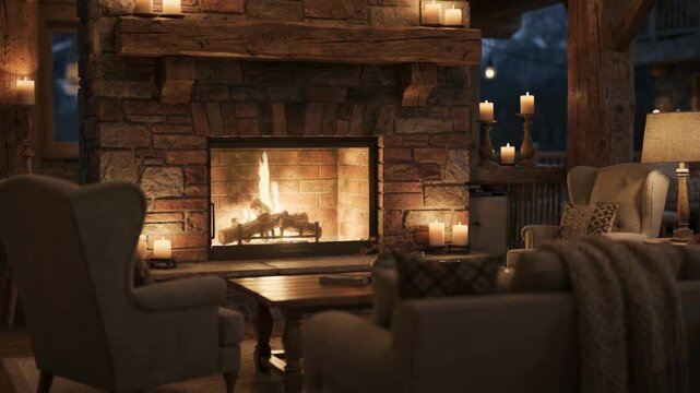 Rustic lodge hearth with the focus on the unlit brick firebox blurred candles and cozy seating arranged for warmth and relaxation on a quiet mountain evening.
