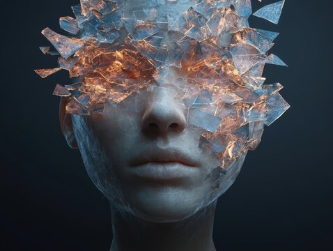 A surreal digital portrait of a face with shattered glass fragments exploding outward from the eyes, blending realism and abstract art with glowing orange and blue hues.