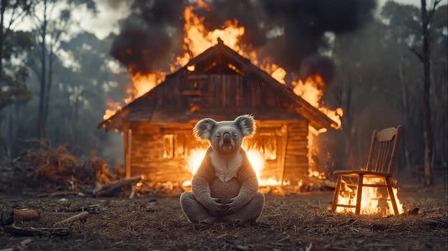 A koala sits calmly in front of a burning house amidst smoke and flames, with a wooden chair nearby in a dark, ominous scene