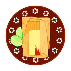 Fototapeta premium Traditional Mexican Tamales with Lime on plate Illustration for Cinco de Mayo