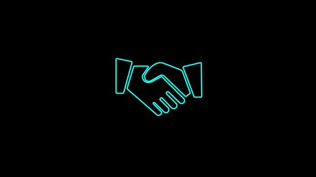 Handshake symbol concept . Animation of shaking hands icon in outline design, animated on a black background. Glowing Neon Handshake.4k video