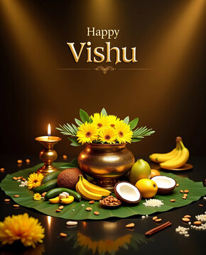 Happy Vishu festival greeting card with Vishukkani arrangement. Traditional Kerala New Year setting with golden pot, yellow flowers, coconut, fruits, and oil lamp on banana leaf with spot light