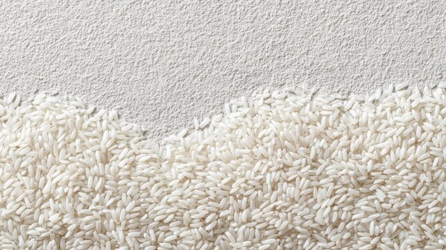 Closeup long white rice grains on textured off white background for food packaging, recipe design, culinary layout and ingredient label templates